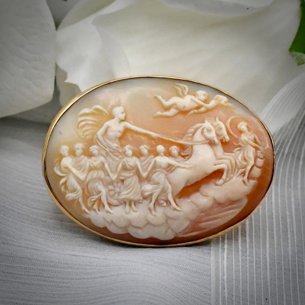Antique 14k Gold Aurora Chariot Shell Cameo Brooch 2" Hand Carved Victorian
